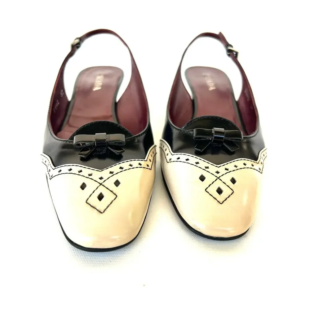 Vintage Prada Kitten Heels Slingbacks Low Sandals Tan Black 37 7 Bow Preppy